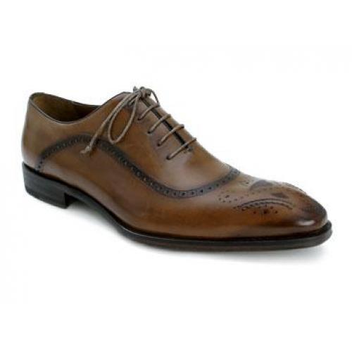 Mezlan  "Bruno" Tan Antiqued Italian Calfskin with Perforated Design Oxford Shoes